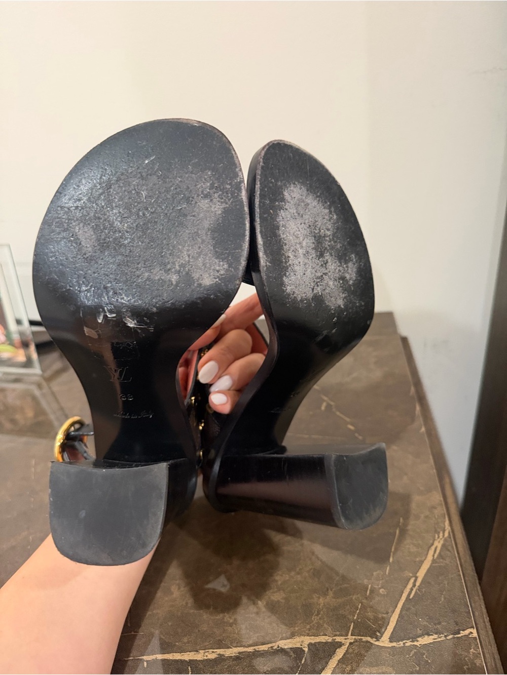 Louis Vuitton Black Leather Heeled Sandals with Monogram Studded Straps - Picture 5 of 5